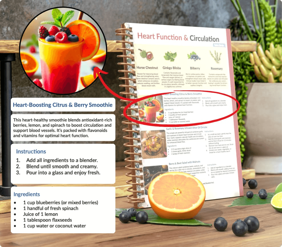 Open handbook with organized herbal remedy notes and ingredients